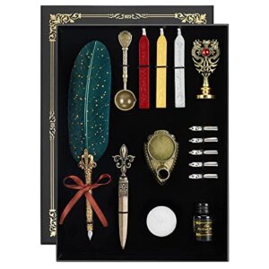 karhood quill pen and ink set - feather calligraphy dip pen with wax seal stamp kit and 5 nibs (dark green)