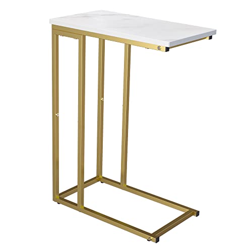 Yusong C Shaped End Table, Couch Side Table That Slide Under Sofa Bed, Small Table for Small Spaces, Skinny Overbed Table, Coffee Drink Laptop Snack Table for Living Room, Gold and Marble White