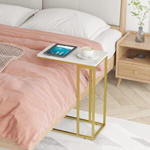 Yusong C Shaped End Table, Couch Side Table That Slide Under Sofa Bed, Small Table for Small Spaces, Skinny Overbed Table, Coffee Drink Laptop Snack Table for Living Room, Gold and Marble White