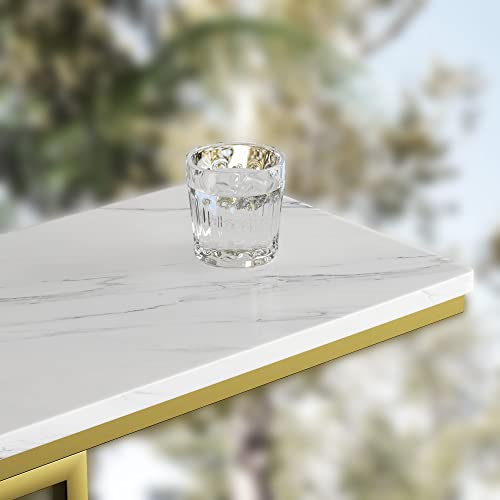 Yusong C Shaped End Table, Couch Side Table That Slide Under Sofa Bed, Small Table for Small Spaces, Skinny Overbed Table, Coffee Drink Laptop Snack Table for Living Room, Gold and Marble White