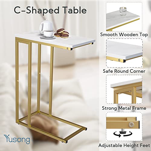 Yusong C Shaped End Table, Couch Side Table That Slide Under Sofa Bed, Small Table for Small Spaces, Skinny Overbed Table, Coffee Drink Laptop Snack Table for Living Room, Gold and Marble White