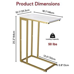 Yusong C Shaped End Table, Couch Side Table That Slide Under Sofa Bed, Small Table for Small Spaces, Skinny Overbed Table, Coffee Drink Laptop Snack Table for Living Room, Gold and Marble White