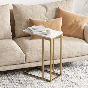 Yusong C Shaped End Table, Couch Side Table That Slide Under Sofa Bed, Small Table for Small Spaces, Skinny Overbed Table, Coffee Drink Laptop Snack Table for Living Room, Gold and Marble White