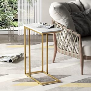 Yusong C Shaped End Table, Couch Side Table That Slide Under Sofa Bed, Small Table for Small Spaces, Skinny Overbed Table, Coffee Drink Laptop Snack Table for Living Room, Gold and Marble White