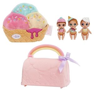 baby born surprise mini babies series 6 - unwrap surprise twins or triplets collectible baby dolls, sweets-theme, includes soft swaddle, molded diaper bag package for on-the-go play, kids ages 4 & up