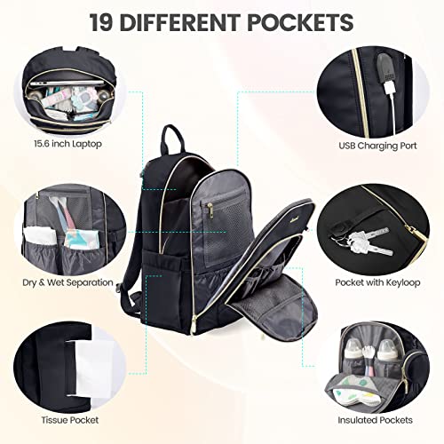 LOVEVOOK Diaper Bag Backpack, Baby Bags with Portable Changing Pad, Pacifier Case, Stroller Straps, Work Travel 15.6inch Laptop Back Pack for Moms Dads Black