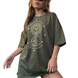 Cozyease Women's Graphic Print Round Neck Half Sleeve Oversized T Shirt Drop Shoulder Tees Top Army Green L