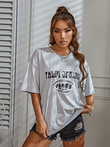 Cozyease Women's Graphic Tees Oversized T Shirts Letter Print Casual Summer Tops Loose Drop Shoulder Tops Light Grey XS