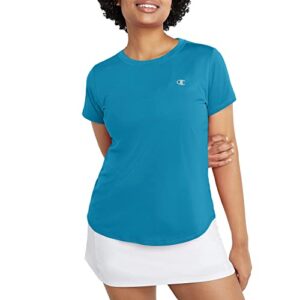 champion, classic sport, moisture-wicking t-shirt, athletic top for women, rockin teal reflective c logo, large