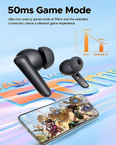 truefree T2 Wireless Earbuds Bluetooth 5.3 Headphones with 4 Mics Noise Cancelling for iOS/Android/Laptop, Gaming/Deep Bass Music, 23Hrs of Playtime, Multiple Eartips(S/M/L)