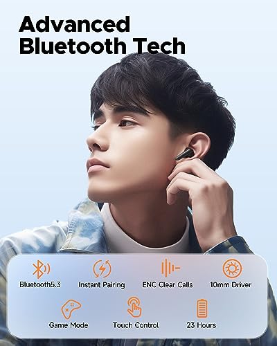 truefree T2 Wireless Earbuds Bluetooth 5.3 Headphones with 4 Mics Noise Cancelling for iOS/Android/Laptop, Gaming/Deep Bass Music, 23Hrs of Playtime, Multiple Eartips(S/M/L)