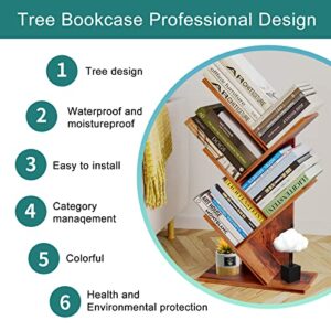 ZRWD Tree Bookshelf, 4-Tier Book Storage Organizer Shelves Floor Standing Bookcase, Wood Storage Rack for Office Home School Shelf Display for Cd/Magazine(Rustic Brown)