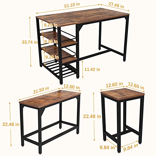 Rxicdeo Dining Table Set for 4, Kitchen Table with 1 Bench and 2 Chairs, Kitchen & Dining Room Tables with Wine Rack and Storage Shelf, Space-Saving Dinette for Kitchen, Dining Room (Brown)