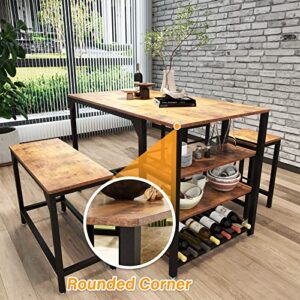 Rxicdeo Dining Table Set for 4, Kitchen Table with 1 Bench and 2 Chairs, Kitchen & Dining Room Tables with Wine Rack and Storage Shelf, Space-Saving Dinette for Kitchen, Dining Room (Brown)