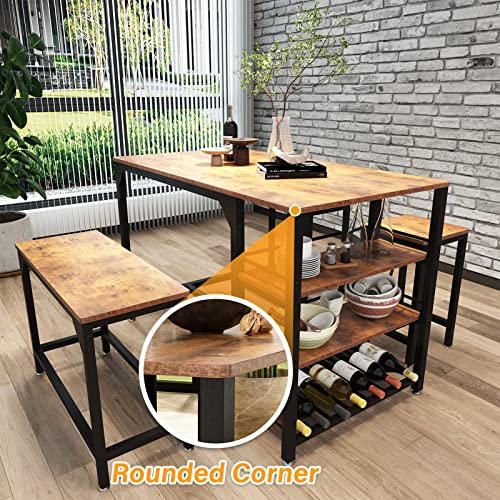 Rxicdeo Dining Table Set for 4, Kitchen Table with 1 Bench and 2 Chairs, Kitchen & Dining Room Tables with Wine Rack and Storage Shelf, Space-Saving Dinette for Kitchen, Dining Room (Brown)