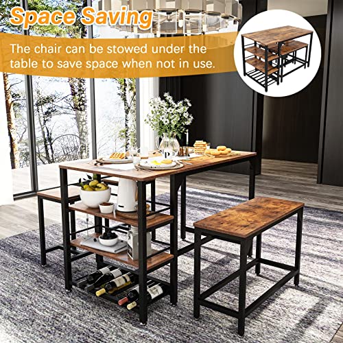 Rxicdeo Dining Table Set for 4, Kitchen Table with 1 Bench and 2 Chairs, Kitchen & Dining Room Tables with Wine Rack and Storage Shelf, Space-Saving Dinette for Kitchen, Dining Room (Brown)