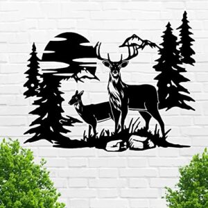 deer forest wall decor,deer mountain metal wall art decor,deer sunset hunting wall hanging for farmhouse cabin living room bedroom outdoor,wildlife home decor gifts for deer lover deer forest one size