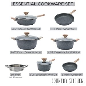 Country Kitchen Nonstick Induction Cookware Sets - 11 Piece Cast Aluminum Pots and Pans with BAKELITE Handles with Glass Lids - Grey