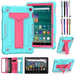 epicgadget case for amazon fire hd 8 / fire hd 8 plus (12th generation, 2022 released) - heavy duty hybrid protective case cover with kickstand + 1 screen protector and 1 stylus (teal/pink)