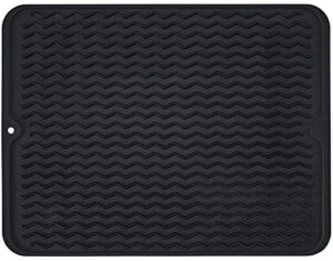 silicone dish drying mat, non-slip easy clean sink mat large heat-resistant dish drainer mat for kitchen counter, sink, refrigerator or drawer liner (16" x 12", black)