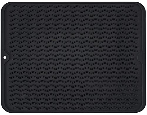 Silicone Dish Drying Mat, Non-Slip Easy Clean Sink Mat Large Heat-resistant Dish Drainer Mat for Kitchen Counter, Sink, Refrigerator or Drawer liner (16" x 12", BLACK)