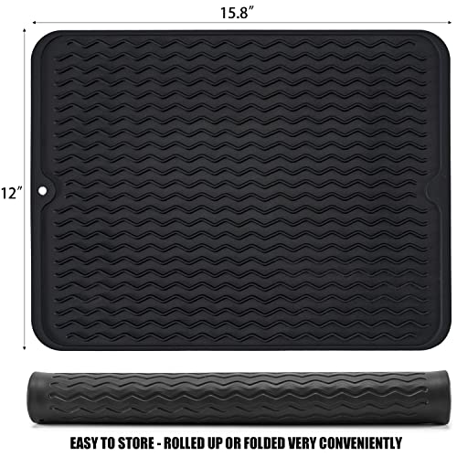 Silicone Dish Drying Mat, Non-Slip Easy Clean Sink Mat Large Heat-resistant Dish Drainer Mat for Kitchen Counter, Sink, Refrigerator or Drawer liner (16" x 12", BLACK)