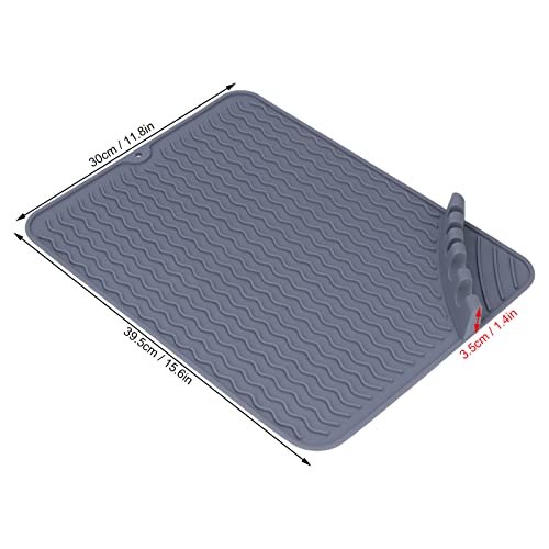 Silicone Dish Drying Mat, Fast Drying Dish Pad Mat High Temperature Resistance 230°C for Kitchen Counter Sink Refrigerator or Drawer liner Grey