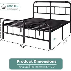 FSCHOS King-Bed-Frame-with-Headboard and Footboard, 18 Inch Metal Platform King-Size-Bed-Frame, Premium Steel Heavy Duty Bed Frame King No Box Spring Needed, Easy Assembly, Black