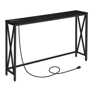mahancris 55.1" console table with power outlet, narrow sofa table, farmhouse sofa couch table with charging station, sturdy and durable, for entryway, living room, foyer, black cthb8301