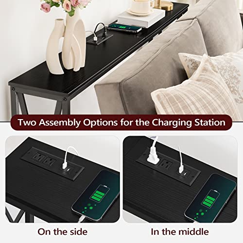 MAHANCRIS 55.1" Console Table with Power Outlet, Narrow Sofa Table, Farmhouse Sofa Couch Table with Charging Station, Sturdy and Durable, for Entryway, Living Room, Foyer, Black CTHB8301