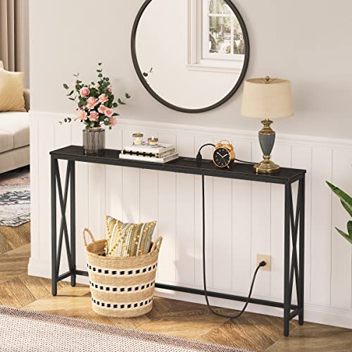 MAHANCRIS 55.1" Console Table with Power Outlet, Narrow Sofa Table, Farmhouse Sofa Couch Table with Charging Station, Sturdy and Durable, for Entryway, Living Room, Foyer, Black CTHB8301