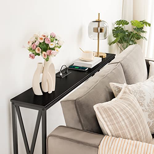 MAHANCRIS 55.1" Console Table with Power Outlet, Narrow Sofa Table, Farmhouse Sofa Couch Table with Charging Station, Sturdy and Durable, for Entryway, Living Room, Foyer, Black CTHB8301