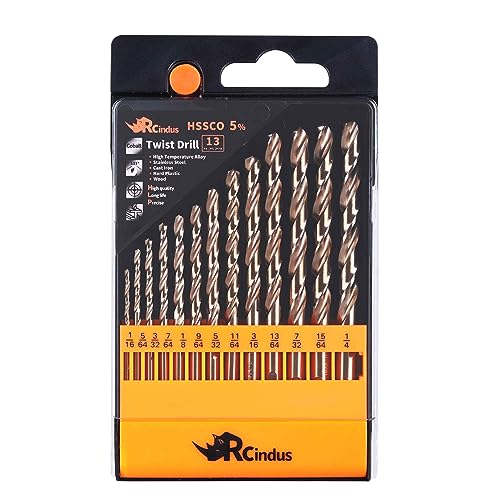 RCINDUS 13PCS Cobalt Drill Bit Set 1/16"-1/4", HSS M35 Metal Drill Bits for Steel, Stainless Steel, Cast Iron, Hard Plastic and Wood