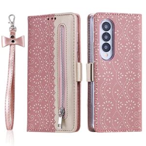 compatible with samsung galaxy z fold4 5g 2022, leather zipper wallet flower lace pattern case with credit card slots holder cover case for galaxy z fold 4