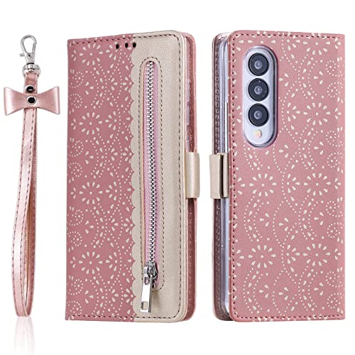 Compatible with Samsung Galaxy Z Fold4 5G 2022, Leather Zipper Wallet Flower Lace Pattern Case with Credit Card Slots Holder Cover Case for Galaxy Z Fold 4