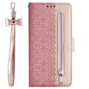 Compatible with Samsung Galaxy Z Fold4 5G 2022, Leather Zipper Wallet Flower Lace Pattern Case with Credit Card Slots Holder Cover Case for Galaxy Z Fold 4