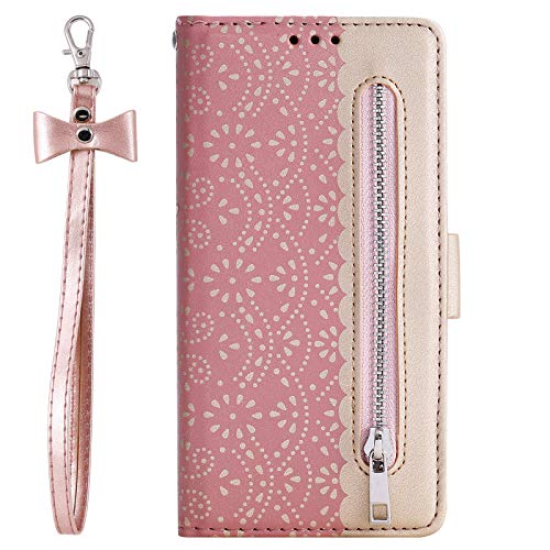 Compatible with Samsung Galaxy Z Fold4 5G 2022, Leather Zipper Wallet Flower Lace Pattern Case with Credit Card Slots Holder Cover Case for Galaxy Z Fold 4