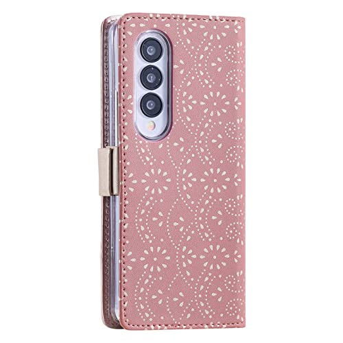 Compatible with Samsung Galaxy Z Fold4 5G 2022, Leather Zipper Wallet Flower Lace Pattern Case with Credit Card Slots Holder Cover Case for Galaxy Z Fold 4