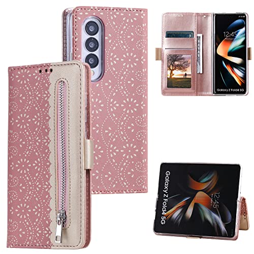 Compatible with Samsung Galaxy Z Fold4 5G 2022, Leather Zipper Wallet Flower Lace Pattern Case with Credit Card Slots Holder Cover Case for Galaxy Z Fold 4