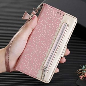 Compatible with Samsung Galaxy Z Fold4 5G 2022, Leather Zipper Wallet Flower Lace Pattern Case with Credit Card Slots Holder Cover Case for Galaxy Z Fold 4