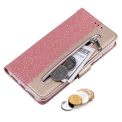 Compatible with Samsung Galaxy Z Fold4 5G 2022, Leather Zipper Wallet Flower Lace Pattern Case with Credit Card Slots Holder Cover Case for Galaxy Z Fold 4