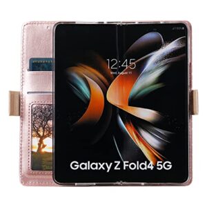 Compatible with Samsung Galaxy Z Fold4 5G 2022, Leather Zipper Wallet Flower Lace Pattern Case with Credit Card Slots Holder Cover Case for Galaxy Z Fold 4