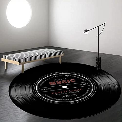 Music Record Black Round Area Rug, Vinyl Record Pattren Floor Mat, Antique Non-Slip Sofa Chair Cushion, Home Study Playing Carpet(60cm,red)