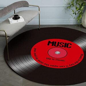 Music Record Black Round Area Rug, Vinyl Record Pattren Floor Mat, Antique Non-Slip Sofa Chair Cushion, Home Study Playing Carpet(60cm,red)
