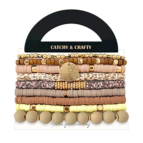 CATCHY & CRAFTY Bracelet Heishi Stretch Stackable Layering Beaded Colorful Bracelets Women Boho Friendship Gift (Brown Multi 02)