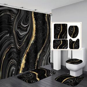 nkzply 4 pcs black marble shower curtain sets with rugs gold bathroom sets with shower curtain and rugs modern abstract bathroom decor accessories shower curtains for bathroom toilet lid cover