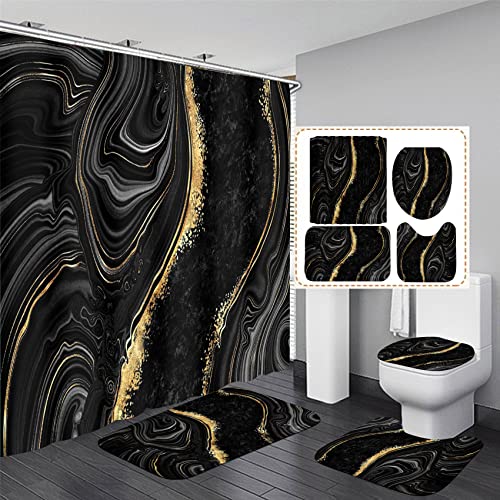 Nkzply 4 Pcs Black Marble Shower Curtain Sets with Rugs Gold Bathroom Sets with Shower Curtain and Rugs Modern Abstract Bathroom Decor Accessories Shower Curtains for Bathroom Toilet Lid Cover