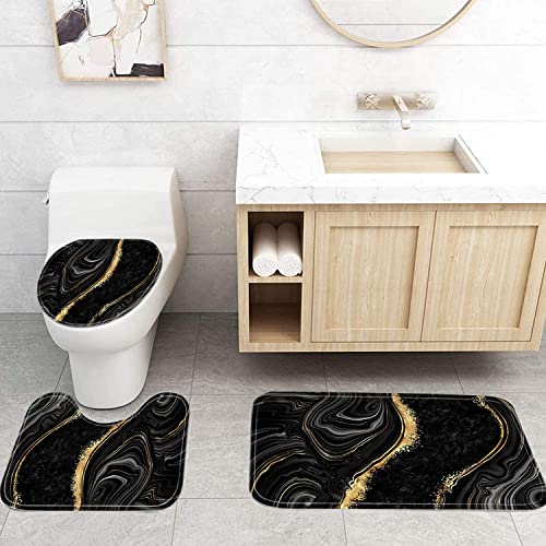 Nkzply 4 Pcs Black Marble Shower Curtain Sets with Rugs Gold Bathroom Sets with Shower Curtain and Rugs Modern Abstract Bathroom Decor Accessories Shower Curtains for Bathroom Toilet Lid Cover