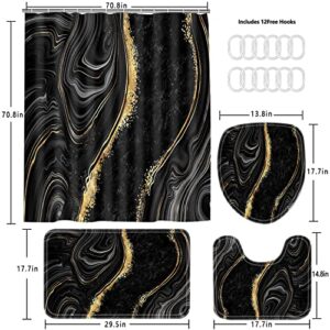 Nkzply 4 Pcs Black Marble Shower Curtain Sets with Rugs Gold Bathroom Sets with Shower Curtain and Rugs Modern Abstract Bathroom Decor Accessories Shower Curtains for Bathroom Toilet Lid Cover