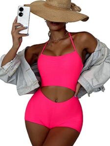 wdirara women's criss cross backless ruched one piece swimsuit monokini swimwear watermelon pink m